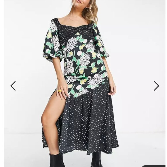ASOS Design Dresses & Skirts - ASOS DESIGN mixed print shirred midi tea dress with bubble sleeve